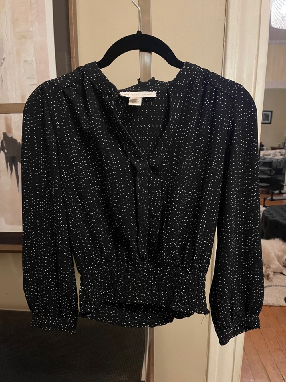 Monteau Black with White Dot Smocked-Hem V-Neck Blouse tag small fits like xs